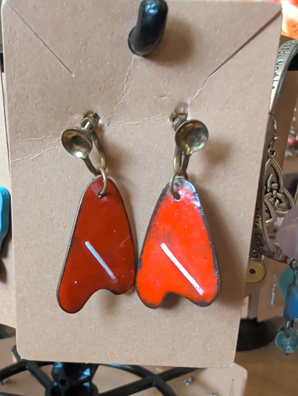 Handcrafted Orange Enamel Drop Clip-On Earrings